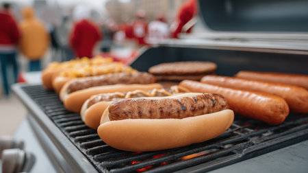 Experience the vibrant scene of a tailgate party with sizzling hot dogs and burgers grilling, capturing the joy of food and camaraderie at a lively outdoor event.の素材