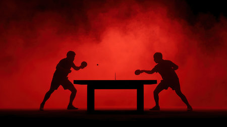 Two players engage in an intense table tennis match, silhouetted against a vibrant red background, capturing the essence of competition and athleticism in sports.の素材