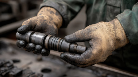 A technician skillfully adjusts an oil-covered machinery component, demonstrating expertise in mechanical maintenance within a workshop environment.の素材