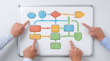 Two hands point at a colorful flowchart on a whiteboard, depicting a creative process in a professional setting, perfect for illustrating teamwork and collaboration.の素材