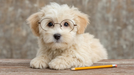 This delightful image features an adorable puppy wearing spectacles, curiously gazing at a pencil on a wooden table. Perfect for pet lovers and animal enthusiasts!の素材