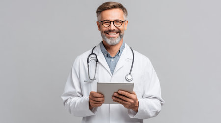 A smiling doctor stands confidently with a tablet showcasing vital health metrics, embodying professionalism and care in a modern healthcare setting.の素材