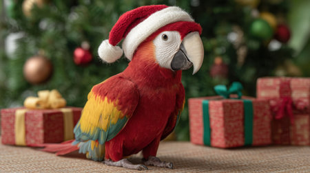 A colorful parrot wearing a red Santa hat stands beside assorted Christmas gifts, creating a joyful and festive atmosphere perfect for holiday-themed projects.の素材