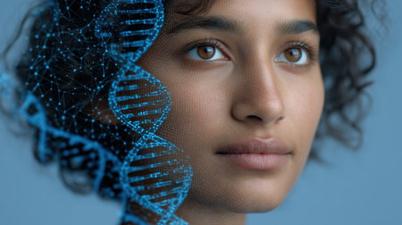 A stunning portrait of a woman surrounded by illuminated DNA graphics, showcasing the intersection of beauty and scientific exploration in a contemporary setting.の素材