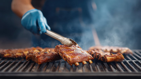A chef with gloved hands skillfully handles juicy barbecue ribs on a grill, surrounded by smoke. Ideal image for culinary, outdoor cooking, and food enthusiasts.の素材