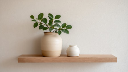 Discover a serene indoor plant arrangement featuring elegant ceramic vases on a sleek wooden shelf. Perfect for enhancing minimalist workspace aesthetics and tranquility.の素材