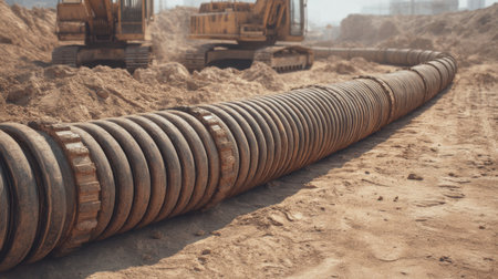 Thick power cables are stretched across a construction site, supported by machinery in the background, highlighting industrial activity on sandy ground.の素材