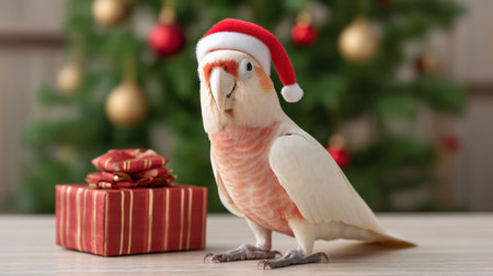 A delightful parrot wearing a vibrant red Santa hat sits beside a beautifully wrapped gift, creating a joyful festive atmosphere perfect for the holiday season.の素材