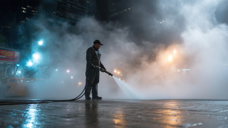 A worker operates a pressure washer on wet pavement at night, surrounded by mist and illuminated by streetlights, showcasing urban cleaning efforts.の素材