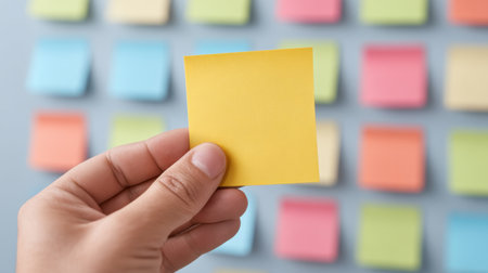 A hand holding a single yellow sticky note against a vibrant background of colorful paper notes, ideal for themes of organization, reminders, and creativity in an office setting.の素材