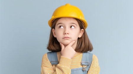 A young girl wearing a yellow hard hat and striped shirt poses thoughtfully, embodying the spirit of labor and curiosity against a soft blue backdrop.の素材