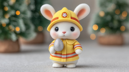 A charming miniature rabbit dressed in a bright firefighter outfit, cradling a silver object, creates a whimsical and festive atmosphere perfect for seasonal decorations.の素材