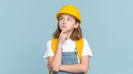 A young girl wearing a yellow hard hat and backpack thoughtfully reflects on her future career. This playful portrait captures the spirit of curiosity and ambition.の素材