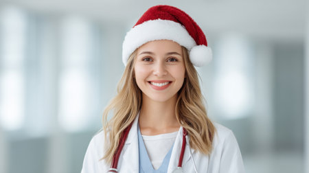 A cheerful nurse wearing a Santa hat brings seasonal warmth and joy in a bright medical setting, perfect for celebrating the holiday spirit and community care.の素材