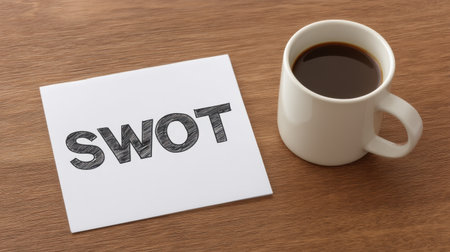 A handwritten SWOT analysis concept displayed on a piece of paper next to a coffee cup, representing strategic planning in a modern workspace setting.の素材