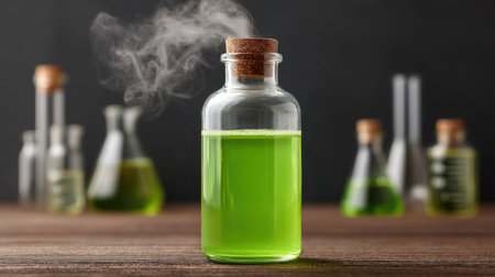 A vibrant green bubbling potion in a glass bottle with mist rising, set against a rustic wooden surface. Ideal for themes of alchemy and mysticism.の素材
