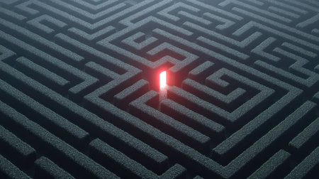 A bright red element stands out in a complex maze, symbolizing problem solving and innovative solutions in business challenges. Aesthetic highlights creativity and direction.の素材