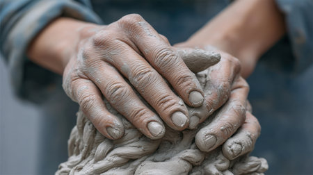 A close-up view of a female artist's hands skillfully molding clay into an artistic figure. This image beautifully captures the intricate process of creation and craftsmanship.の素材