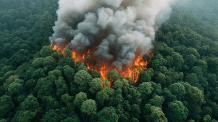 An aerial perspective captures the intensity of a forest fire consuming lush green trees, with thick smoke billowing into the sky, highlighting the urgency of environmental conservation.の素材