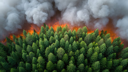 This striking aerial image captures a lush green forest canopy juxtaposed with fierce orange flames and thick smoke, illustrating the impact of a forest fire.の素材