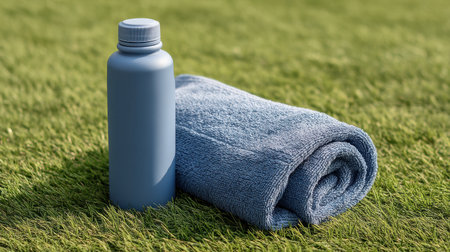 A serene outdoor scene featuring a soft blue towel and a water bottle resting on a vibrant green grass field, perfect for wellness and recreational activities.の素材