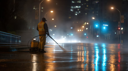 A worker in a reflective vest operates a pressure washer on a wet pavement at night, creating a misty scene with city lights reflecting off the damp surface.の素材