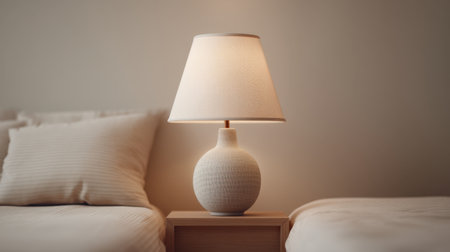 A modern bedroom scene showcasing a neutral color palette with a simple lamp design. This cozy setup highlights soft textures for a warm, inviting atmosphere. Perfect for decor inspiration.の素材