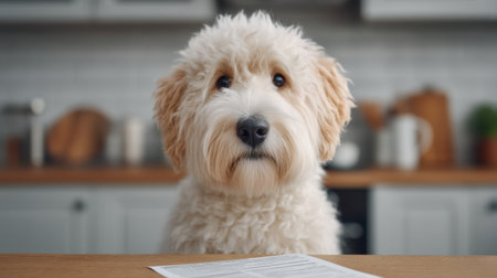 A fluffy dog gazes intently at a health insurance document in a bright and stylish kitchen, capturing a moment of curiosity and warmth within a cozy home environment.の素材