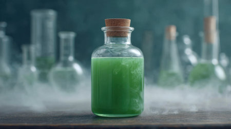 A captivating green potion fills a glass bottle, surrounded by fog and mist, evoking an enchanting atmosphere in a magical laboratory setting.の素材