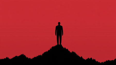 A striking silhouette of a person standing atop a mountain against a vivid red backdrop, symbolizing the increasing burden of financial debt and challenges in modern life.の素材