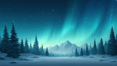 A stunning illustration showcasing a teal and blue gradient sky above a serene snowy landscape, filled with evergreen trees, mountains, and a starry night backdrop.の素材
