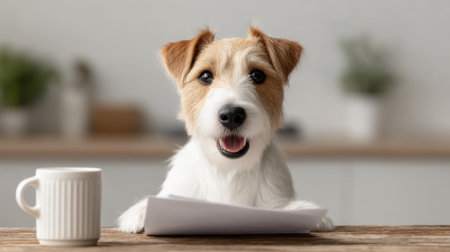 A cheerful dog sits at a rustic table, surrounded by documents and a coffee mug, creating a warm and inviting atmosphere in a modern interior.の素材