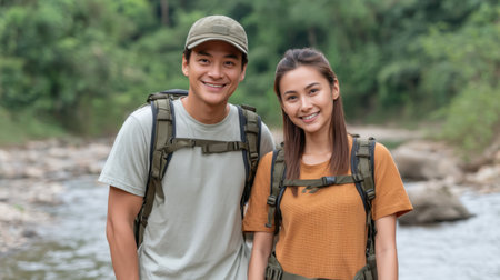 A joyful couple enjoys their hiking adventure by a serene river in a lush forest, showcasing the beauty of nature and the bond of companionship on a sunny day.の素材