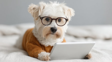 Adorable dog with glasses engages with a tablet in a cozy setting, combining technology and charm in a heartwarming scene of modern pet life.の素材