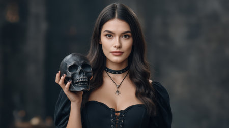 A captivating portrait of a mysterious woman holding a skull in a smoky haunted mansion, creating an eerie atmosphere with a touch of gothic elegance and charm.の素材