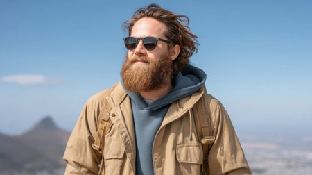 A man wearing sunglasses and a cozy jacket stands on a mountain, enjoying the bright sunlight and stunning views. This image captures the essence of adventure and exploration.の素材