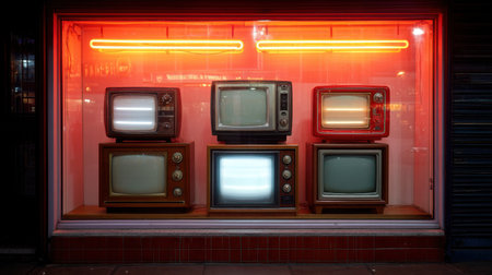 A captivating display of vintage televisions in a shop window, illuminated by neon lights, showcasing retro designs that evoke nostalgia and classic charm.の素材