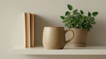 A beautifully arranged shelf featuring a ceramic mug and a potted plant, evoking a minimalist aesthetic ideal for enhancing your home office atmosphere with warmth and serenity.の素材