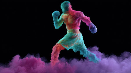A vibrant and colorful figure representing a boxer in mid-motion, surrounded by neon smoke. Perfect for themes of fitness, action, and artistic expression in sports.の素材