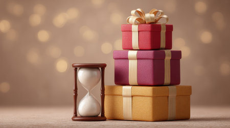 Discover a vibrant arrangement of colorful gift boxes accompanied by an hourglass, perfect for Christmas celebrations and seasonal decor inspiration.の素材