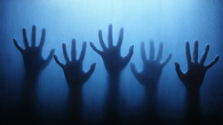 This haunting image showcases undead hands pressing against a glass window, bathed in an eerie blue light, creating a chilling atmosphere of suspense and mystery.の素材