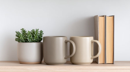 A serene home office shelf featuring ceramic mugs, a charming potted plant, and stylish books, creating a modern and inviting workspace atmosphere.の素材