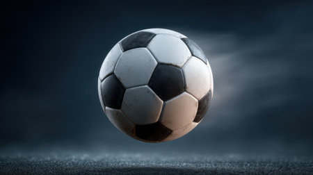 A spectacular capture of a soccer ball soaring through the air with motion blur, highlighting the power and excitement of the game. Perfect for sports enthusiasts.の素材