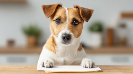 Charming dog sits at a wooden kitchen table, paws resting gently on the surface, embodying health and joy in a warm, inviting home environment.の素材