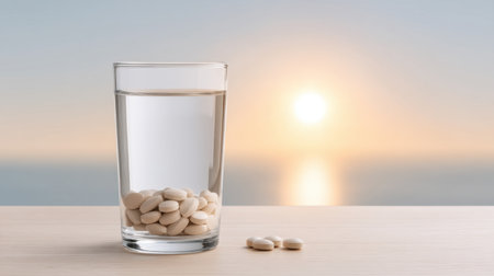 A beautifully arranged morning routine scene featuring a glass of water and pills sorted by time of day, highlighted by a serene sunrise for a calming start to the day.の素材