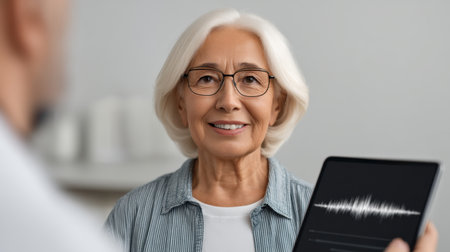 A senior woman smiles during her consultation with an audiologist, reviewing her hearing aid options on a tablet in a modern healthcare environment.の素材