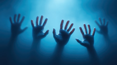 Dark and moody image featuring undead hands pressing against a glass window. The eerie blue light creates a haunting atmosphere of mystery and tension.の素材