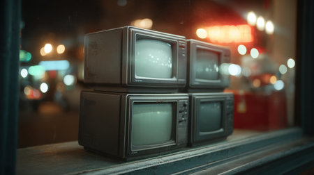 A charming display of vintage CRT televisions in an antique store window, reflecting the lively urban night, capturing the nostalgic essence of past technology.の素材