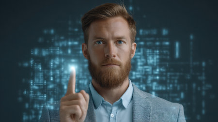 A male professional in a virtual setting interacts with a data overlay, showcasing innovation and technology's role in modern business environments.の素材