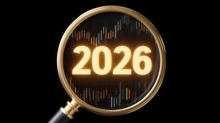 A detailed view of a magnifying glass emphasizing glowing gold text "2026" over a stock market graph, symbolizing future financial predictions and insights.の素材